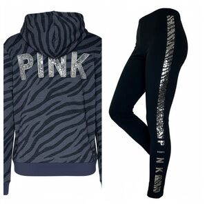 Y2K Victoria Secret Pink Bling Zebra Set Hoodie & Yoga Pants - Sz L Grey/Black